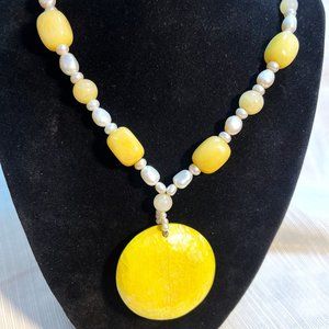 Yellow Bead and Pearl Pendant Necklace